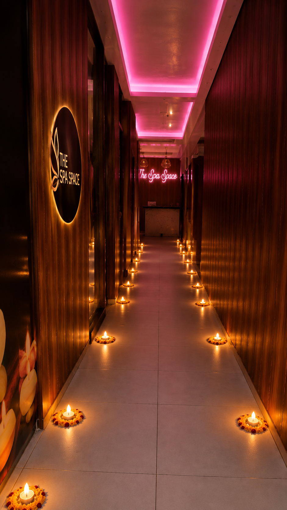 Warmly lit corridor and entrance ambience at The Spa Space in Gurugram
