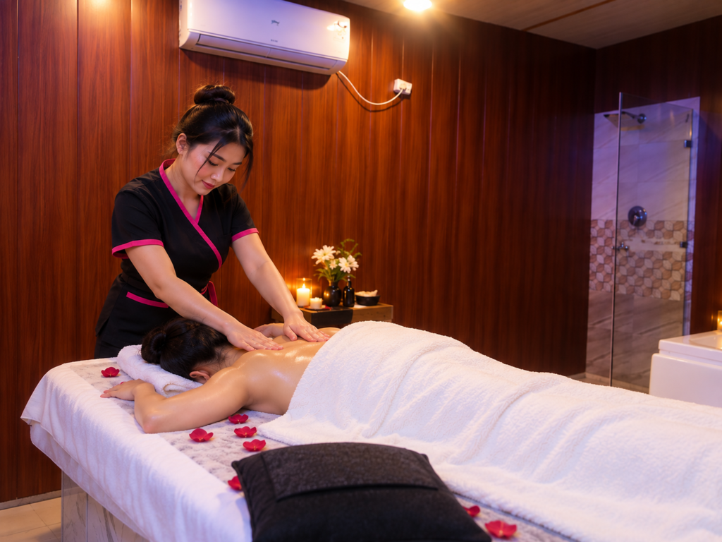 Female massage therapist performing a relaxing back massage on a client at The Spa Space, Gurugram