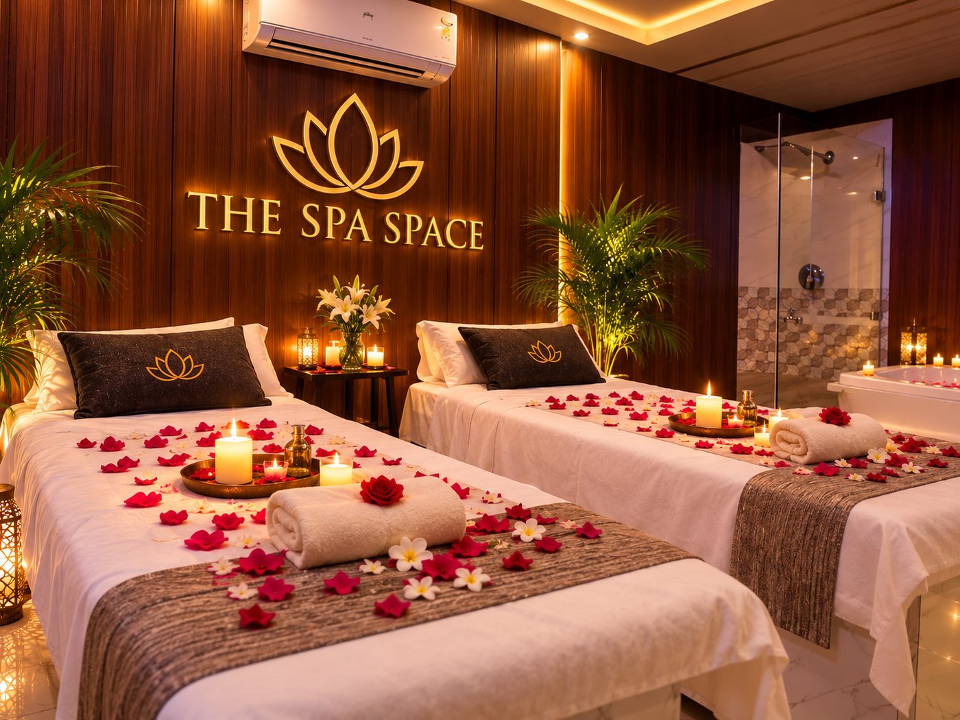Couple massage room with two massage tables and jacuzzi at The Spa Space, Sector 14, Gurugram