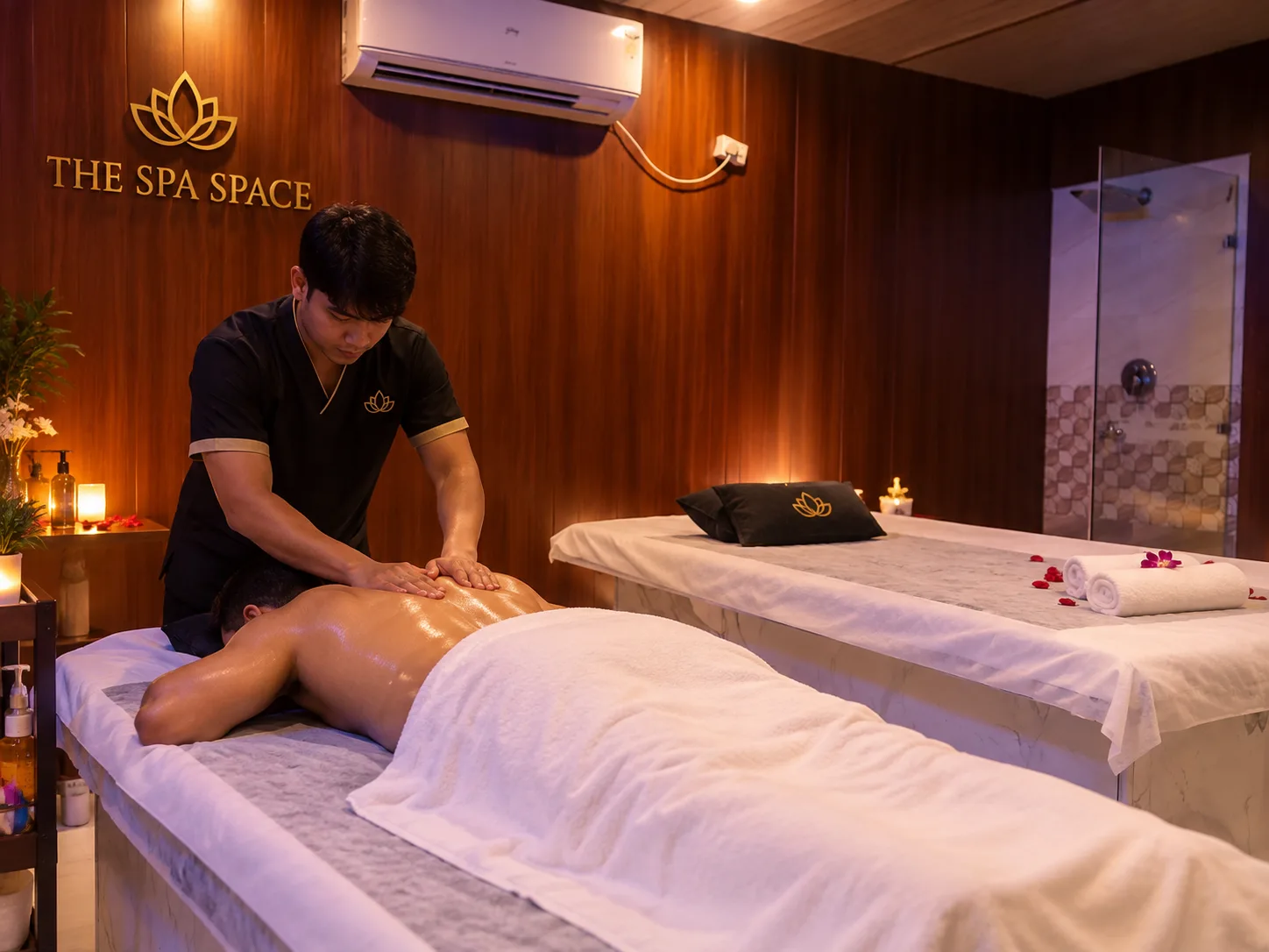 Male massage therapist giving a back massage to a male client at The Spa Space, Sector 14, Gurugram